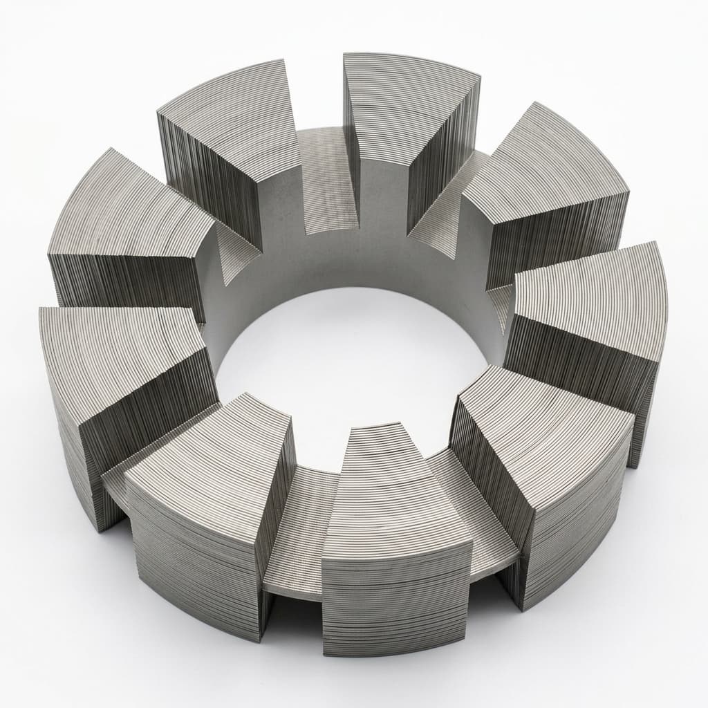 Segmented axial flux lamination stator reference for winding and stack locking discussion